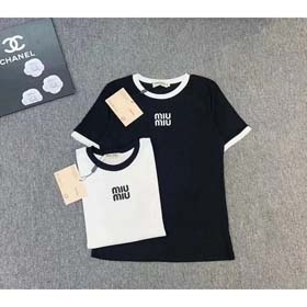 MIUMIU 2025 Neues Rundhals Kontrast Farbe Buchstabe Druck lockeres Kurzarm T-Shirt-2583  