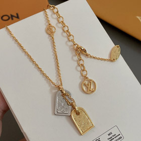 Louis Vuitton LV graviert Buchstaben Blume Gold und Silber Doppelschild Halskette-3662  